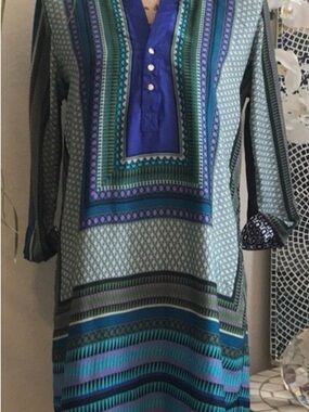 Zara Long Sleeve Geometric Tunic Dress in Teal, Purple and Blue